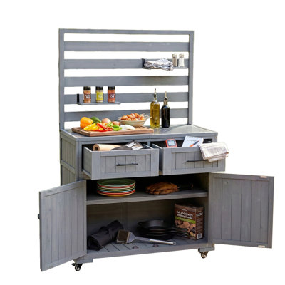  64.9" Garden Potting Bench with Stainless Steel Top, Rolling Outdoor BBQ Prep Station, Storage Hutch, Drawers, Black