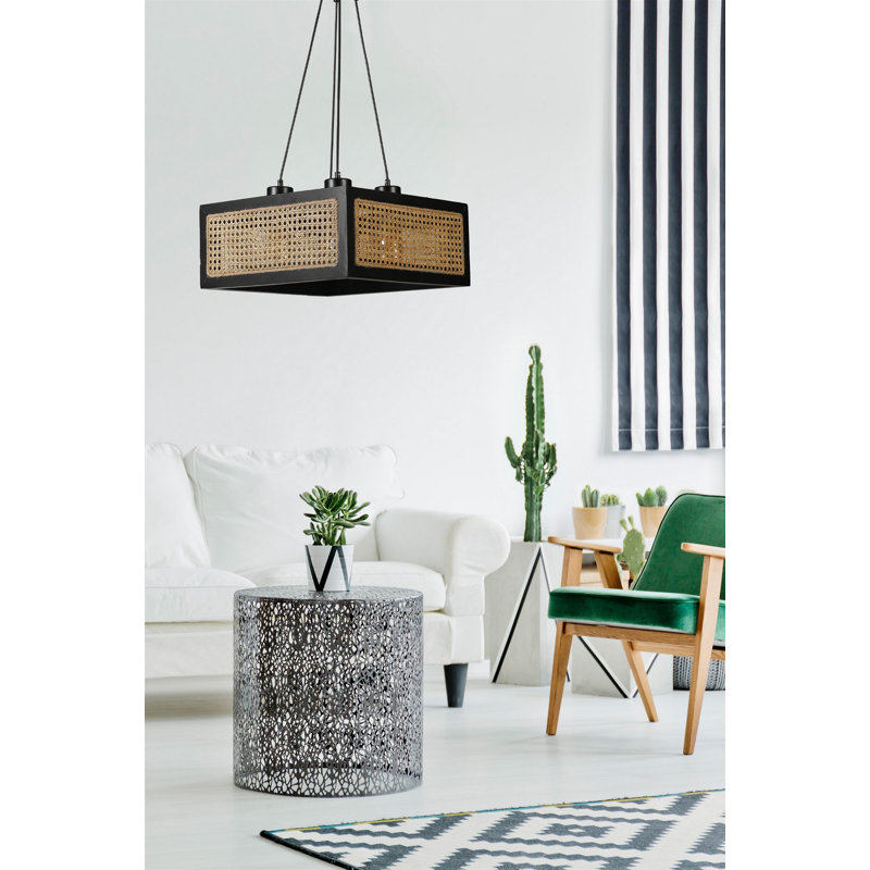 Elegant Chandelier with FIR Wood Body & Natural Rattan Cap, Adjustable Height 27.6 inches | Cap Diameter: 16.1 x 16.1 inches | E 27 Socket, Max 40 W | Stylish Black & Rattan Design for Modern Living Spaces, Durable & Eye-Catching