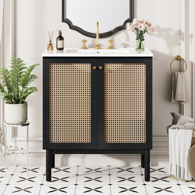 Bristol 30" Freestanding Bathroom Vanity with Handwoven Rattan Doors & Ceramic Sink