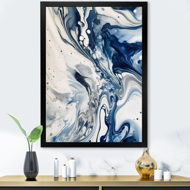 Élixir éthéré bleu et gris IV - décoration murale abstraite, Cadre simple noir, H 40 po x l 30 po x P 1,5 po