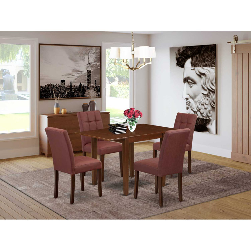L'ensemble de table de salle à manger 5 pièces contient une table moderne Mid-Century et 4 chaises de salle à manger en polyester bourgogne, acajou