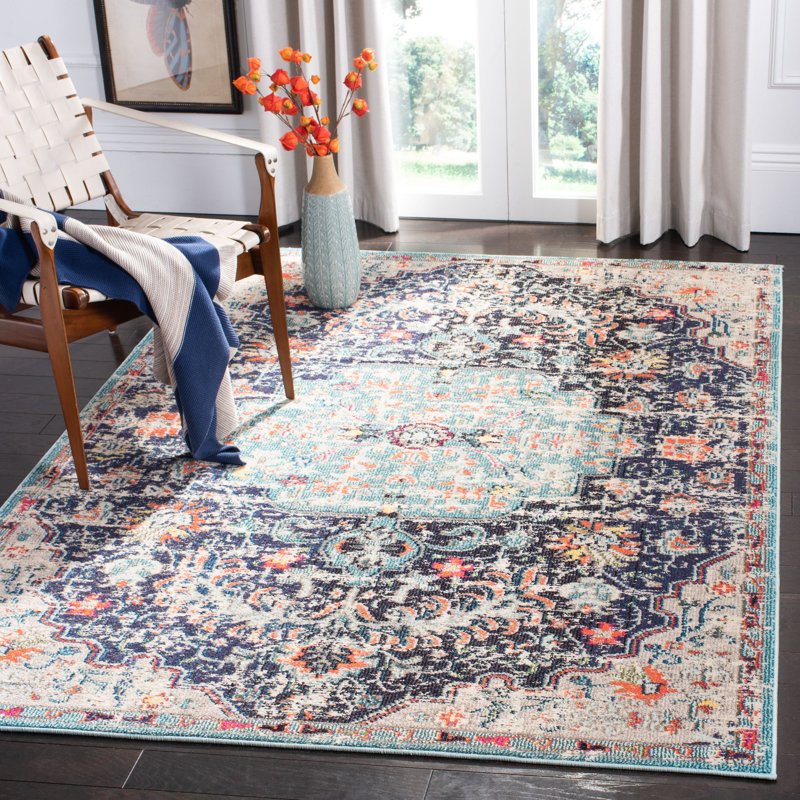 Felty Oriental Power Loom Polypropylene Area Rug in Black/Teal, Rectangle 5'3" x 7'6"