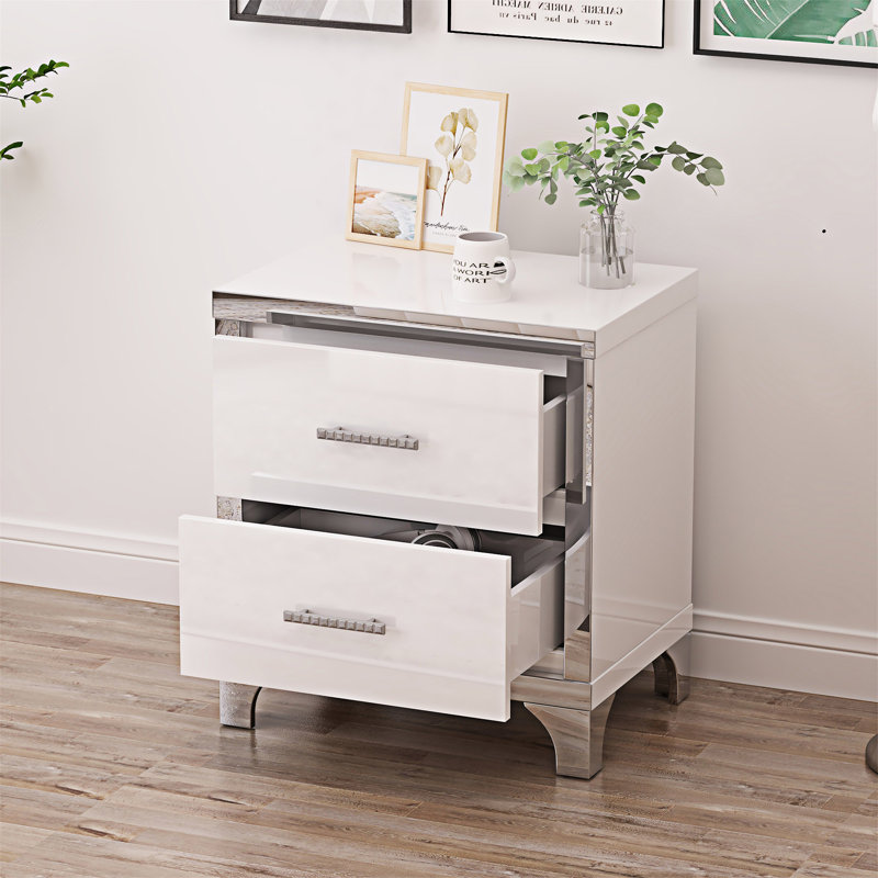 Table de chevet avec tiroirs Miroir, Blanc