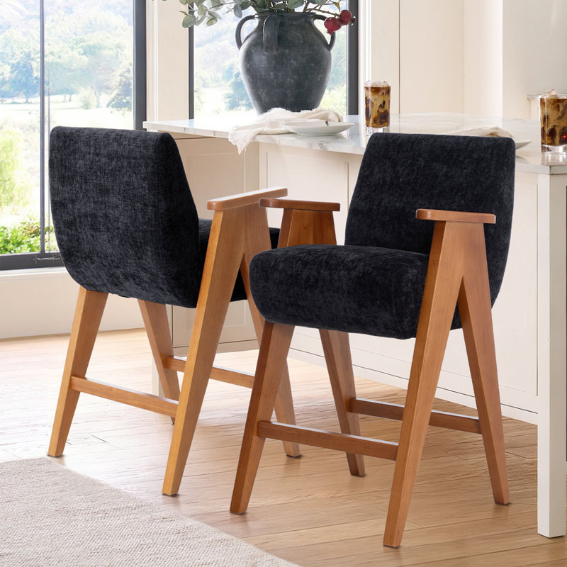 Tabouret de comptoir rembourré avec accoudoirs Betty, Noir