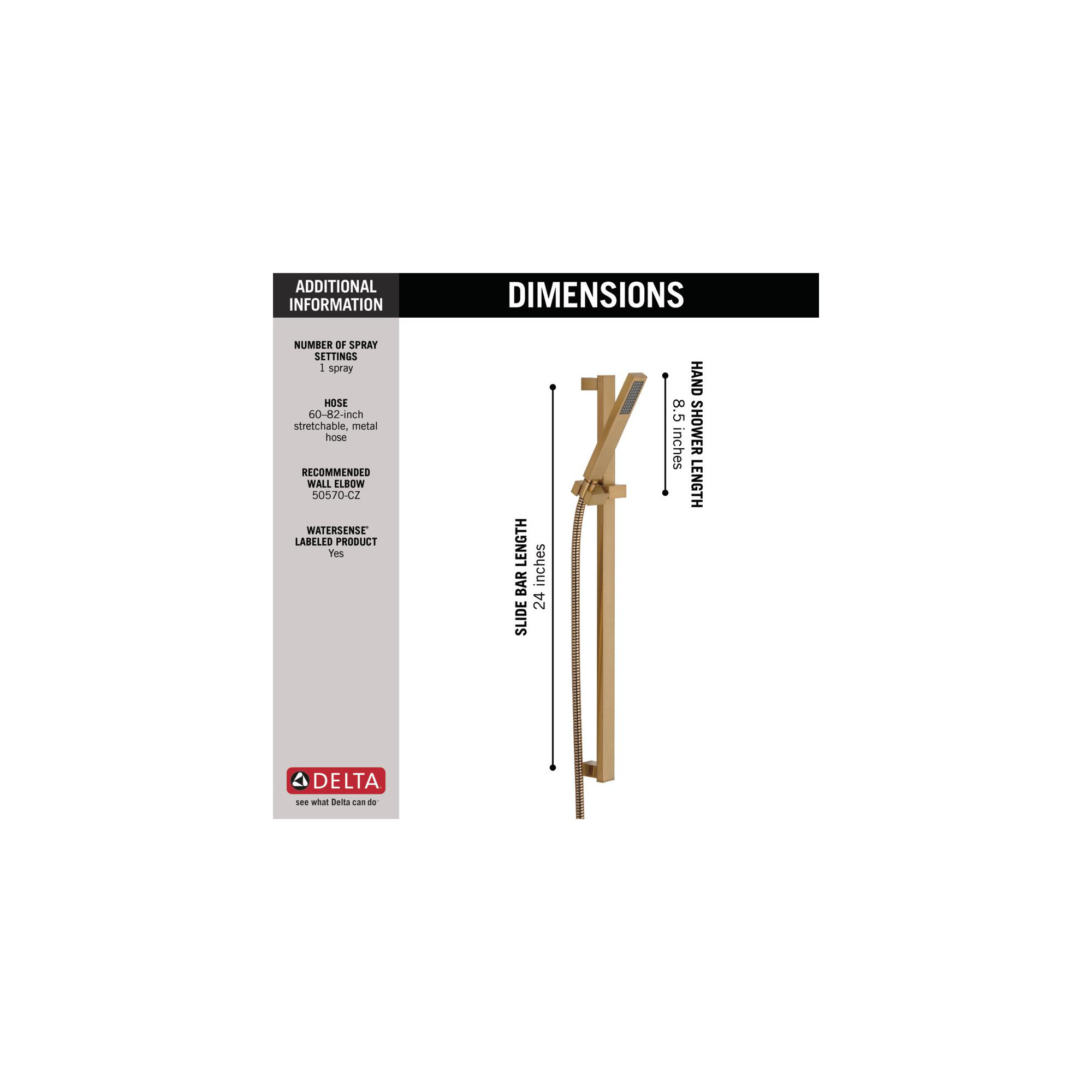 Vero Single Spray Hand Shower with Slide Bar, Handheld Shower Head, Slide Bar Hand Shower 1.75 GPM