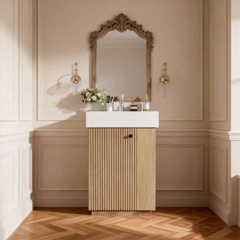 Meuble-lavabo compact de 21,6 pouces avec lavabo en céramique, armoire à grain de bois et rangement double pour les petites salles de bain