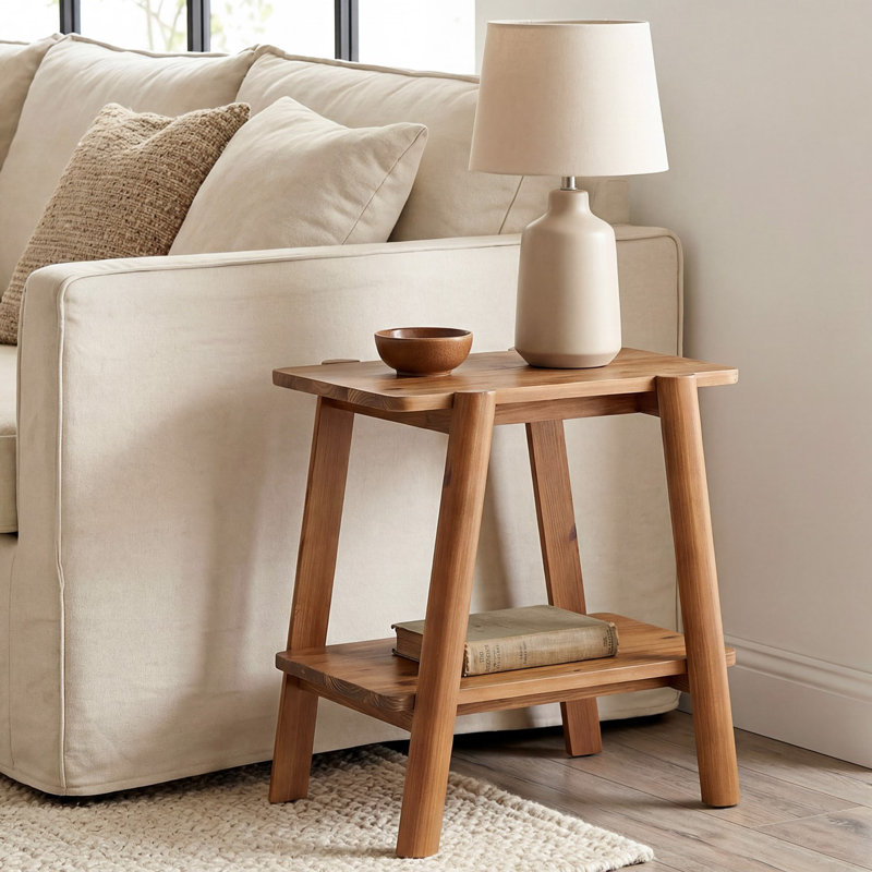 Tables de bout en bois massif 21,6 po, table d'appoint étroite à 2 niveaux pour petits espaces