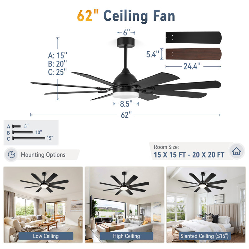 Cissline 62" Black Modern Ceiling Fan with Remote and LED Light Kit for Bedroom