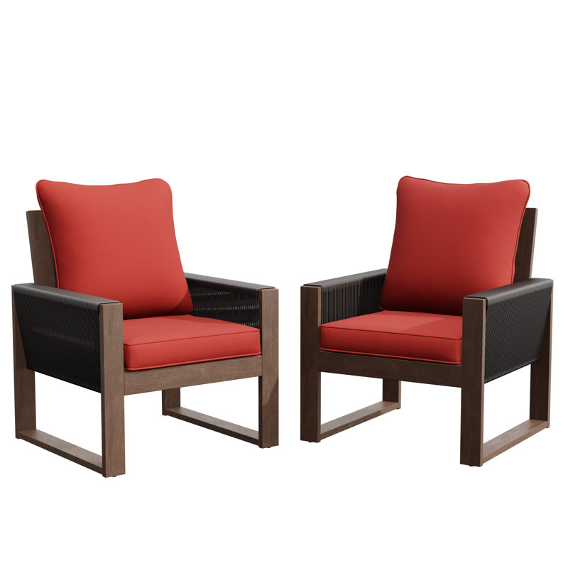 Chaises en bois et osier avec coussins, Rouge
