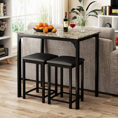 17 Stories 3pcs Counter Height Table Set 2 Chairs Bar Dining Room Faux Marble Black