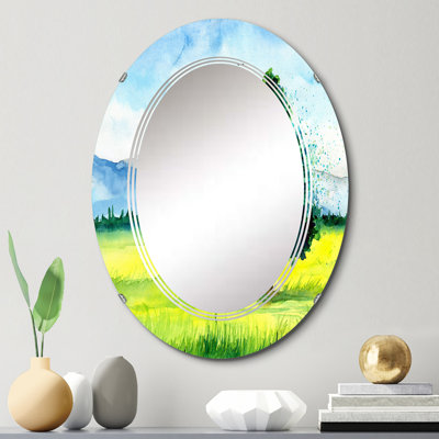 Le champ jaune avec le bel arbre - miroir mural champêtre ovale