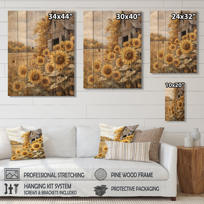 Sunflowers And The Hayloft Barn I - Sunflowers Wood Wall Decor - On Natural Pine Wood, 20" H x 10" W x 0.78" D