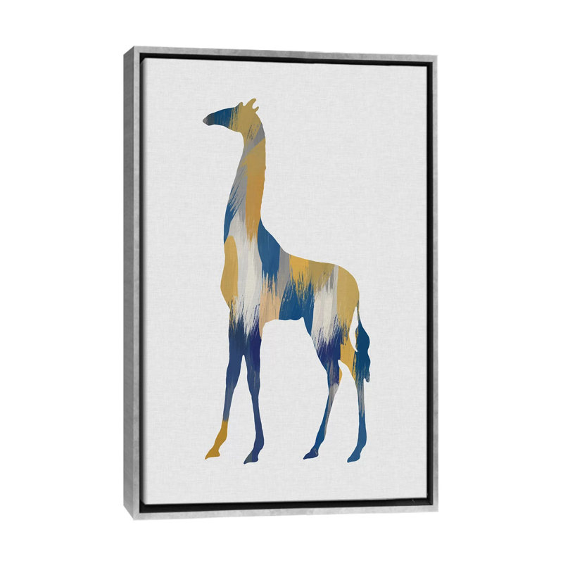 Girafe bleue et jaune - impression, H 60 po x l 40po x P 1,5 po, Toile avec cadre argenté