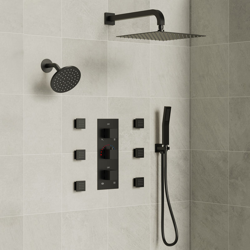 Thermostatic Dual Showerheads System, Wall Mount 12" High-Pressure Rainfall Shower Faucet with Handheld Spray and Body Jet