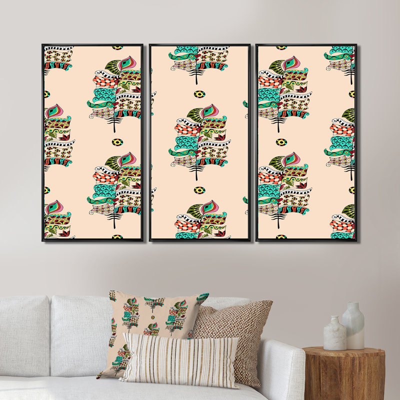 «Hippie Boho Feathers On Pink», reproduction de cadre flottant sur toile 3 pièces, Cadre noir, H 28 po x l 36 po x P 1 po