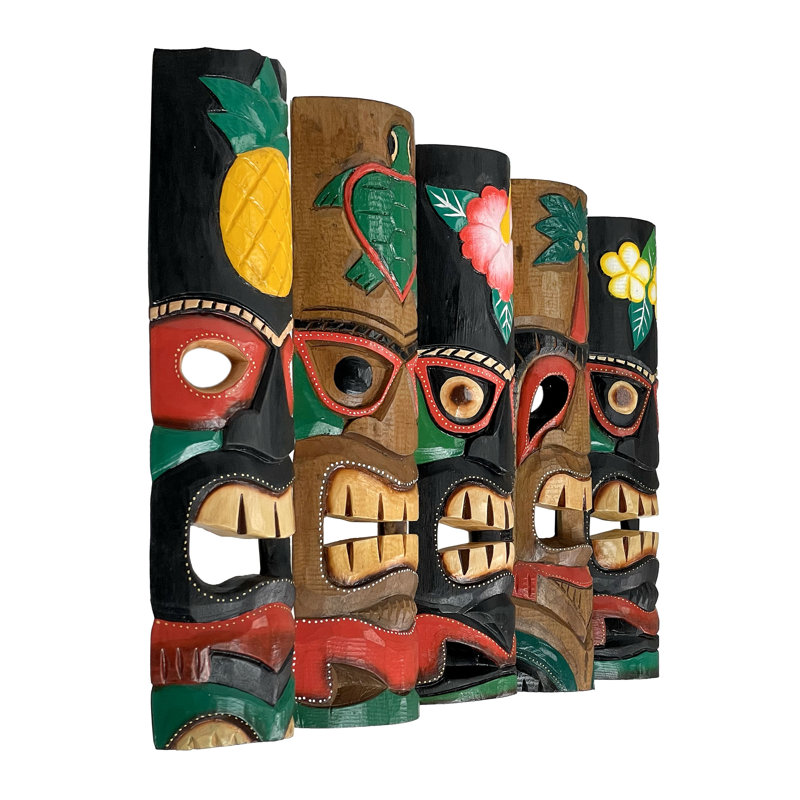 Ensemble de 5 masques muraux tiki indiens indiens durables et multicolores en bois tropical polynésien - H 19,75 po x l 5,75 po x P 2,5 po