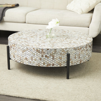 Grey Mother of Pearl Shell Geometric Handmade Mosaic Inlay Living Room Coffee Table with Black Metal Legs, 38" x 38" x 13"