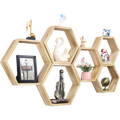 Set Of 6 Black Pine Wood Hexagon Floating Shelves - Rustic Honeycomb Wall Shelves For Decor