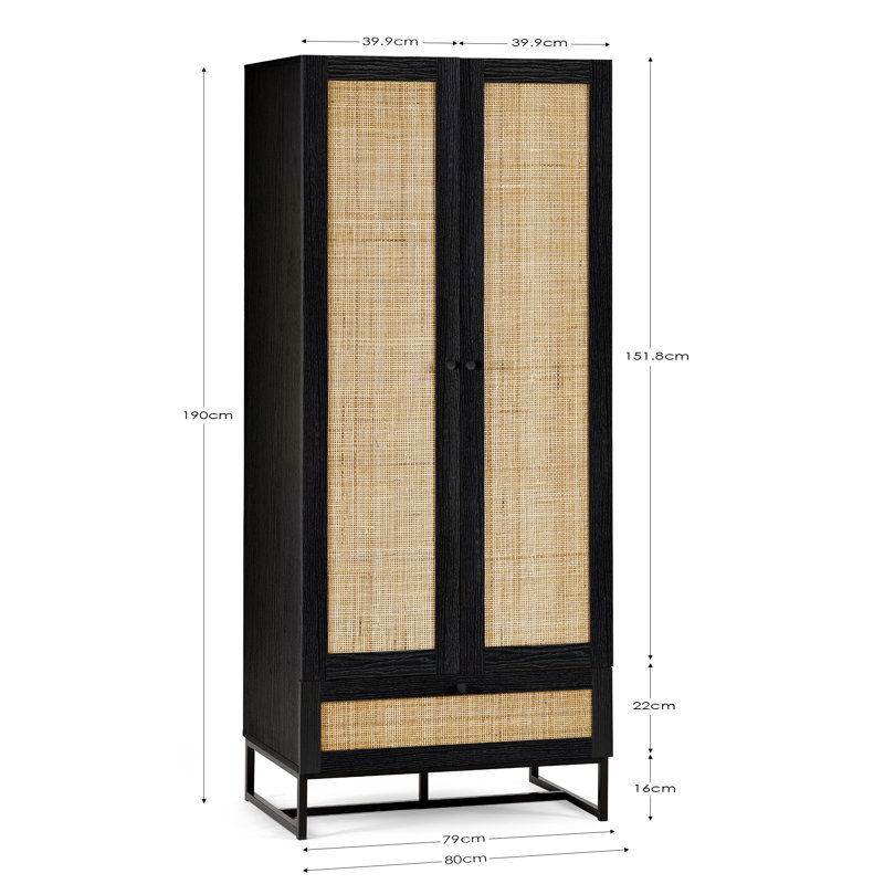 Reese 2 Door 1 Drawer Wardrobe, Black/Rattan