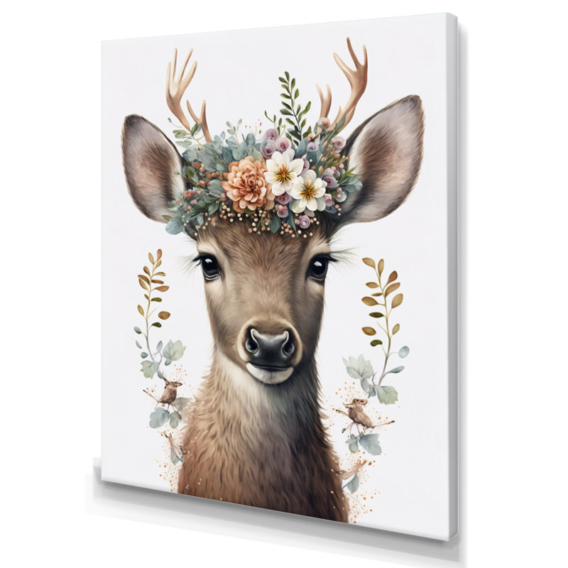 Mignon bébé caribou avec couronne florale I - art mural moderne sur toile, L 12 po x H 20 po, Toile tendue