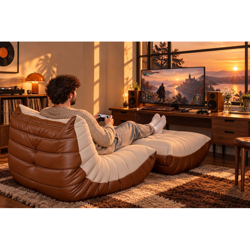 Fauteuil à billes 33 po avec repose-pieds Mactching 33 po pour salon, sans assemblage, Beige et brun foncé