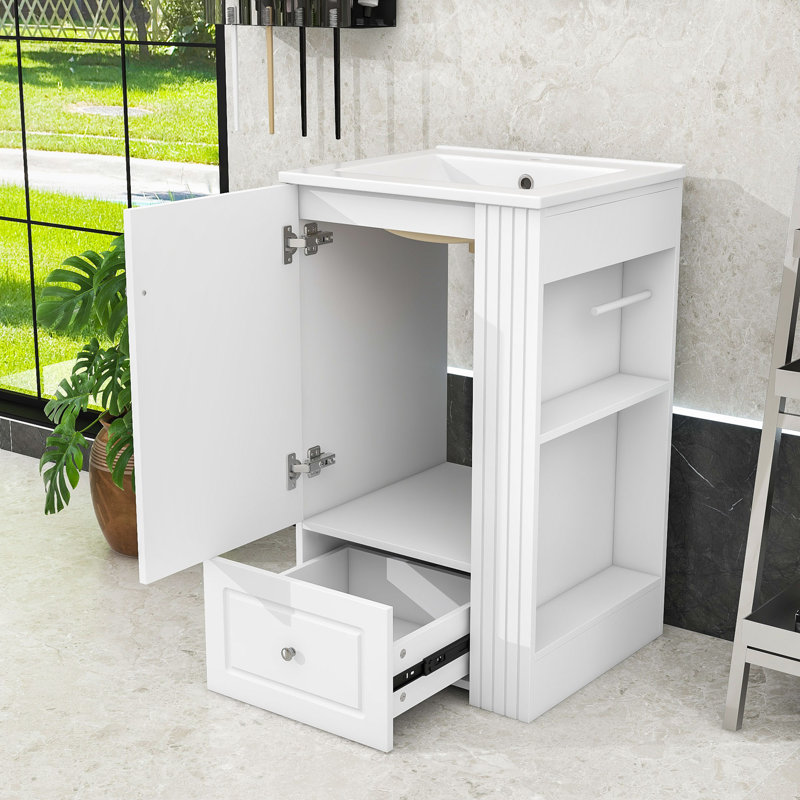 Meuble-lavabo compact autoportant avec lavabo en céramique, tiroir à fermeture en douceur et tablettes ouvertes, Blanc