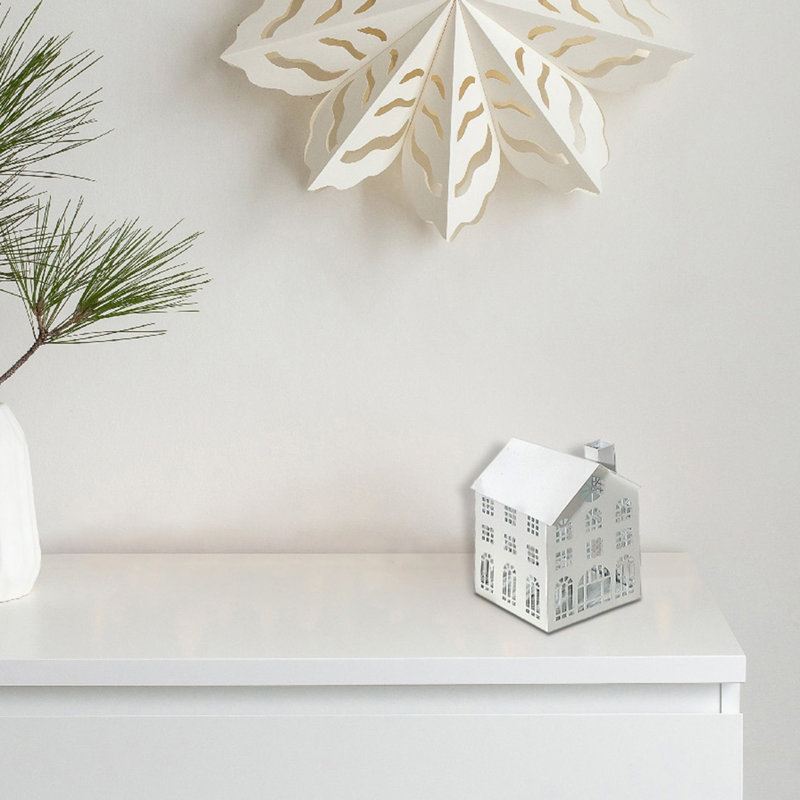Metal House Tealight Holder (Large), 6" H x 5" W x 8" D, White