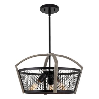 Gracie Oaks Baotran 18 3-Light Farmhouse Pendant Chandelier + Wire Drum Cage Shade, Aged Oak Wood Style + Black Finish -  3C5F817B54B34A588653191F49D62FE5