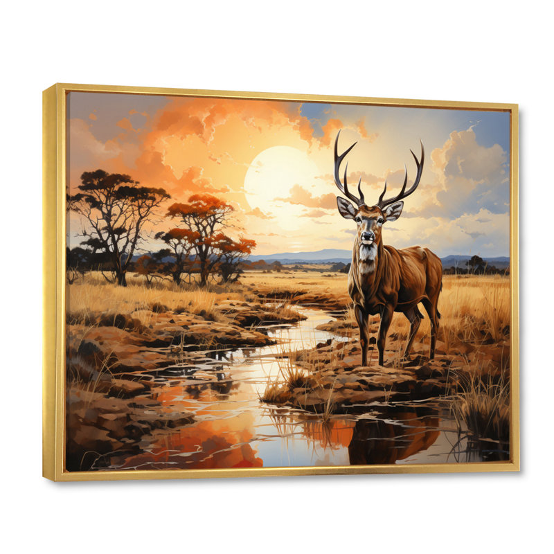 Grand koudou antilope III sur toile, H 34 po x l 44 po x P 1,5 po, Cadre flottant doré