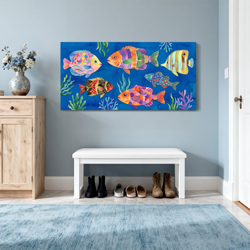 Animaux, poissons colorés, récif de corail, reproduction d'art, H 16 po x l 32 po
