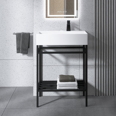 Meuble-lavabo autoportant blanc l 24 po x P 14 po x H 34 po avec plateau en céramique blanche