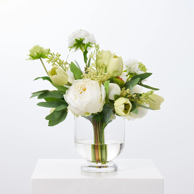 A Fresh Look - Real Touch White Peony, Green Tulip & Seed Cluster Everyday Spring Arrangement
