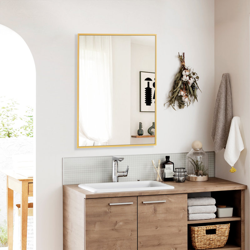 Miroir mural de salle de bain doré avec cadre rectangulaire en métal, 36 po x 24 po, Horizontale
