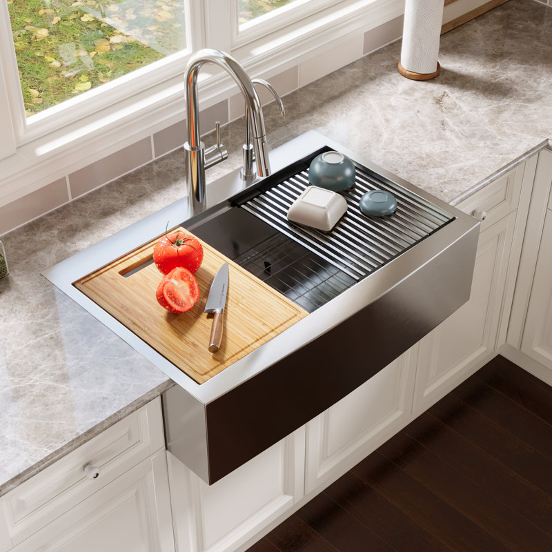 Évier de cuisine à cuve simple en acier inoxydable à tablier frontal avec accessoires 33 po x 22 po DeerValley