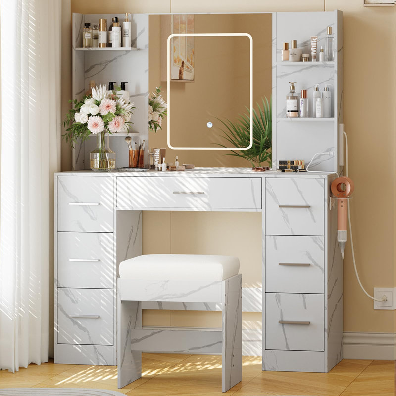 Makeup Vanity Desk with Mirror and Lights,7 Drawers, Hair Dryer Holder, Cushioned Stool, Power Outlets and USB for Bedroom,Marble White