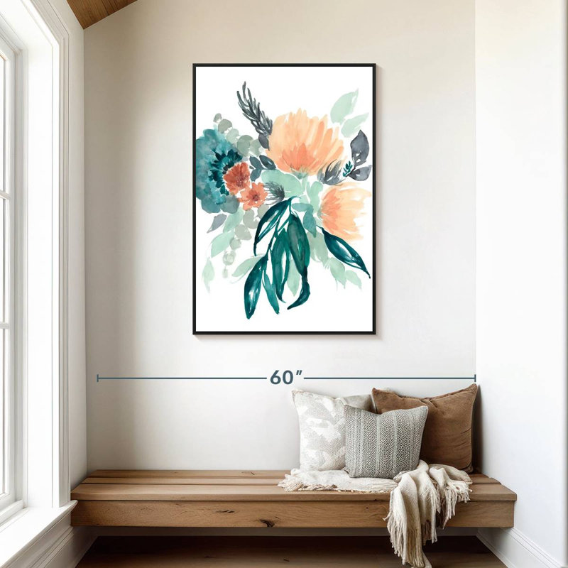 Bleu sarcelle et bouquet de pêche I, Cadre flottant noir, 29 po x 43 po