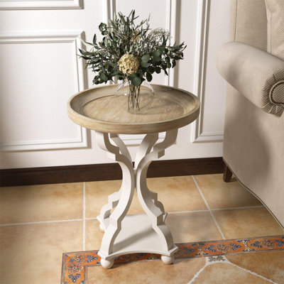 COZAYH Round Rustic Wooden Accent Tray Top Nightstand Side Table, White Legs