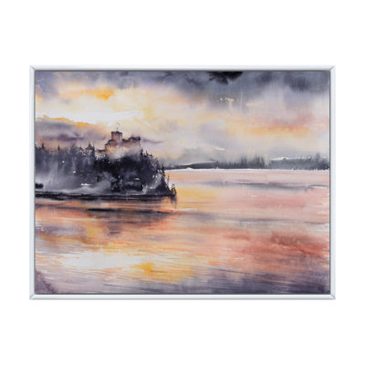 Château médiéval pendant le coucher du soleil au bord du lac Czorsztyn - reproduction sur toile