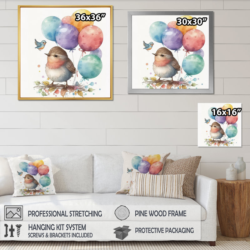 «Nursery Birds Kids Dreams», reproduction sur toile, H 24 po x l 24 po x P 1 po, Cadre flottant doré