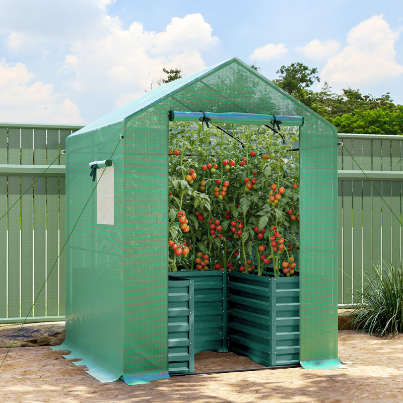 Greenhouse with Raised Garden Bed, 56" x 56" x 75" Galvanized Steel Planter Box with PE Cover, Roll Up Door and Windows, Outdoor Greenhouse for Flowers Vegetables, Green