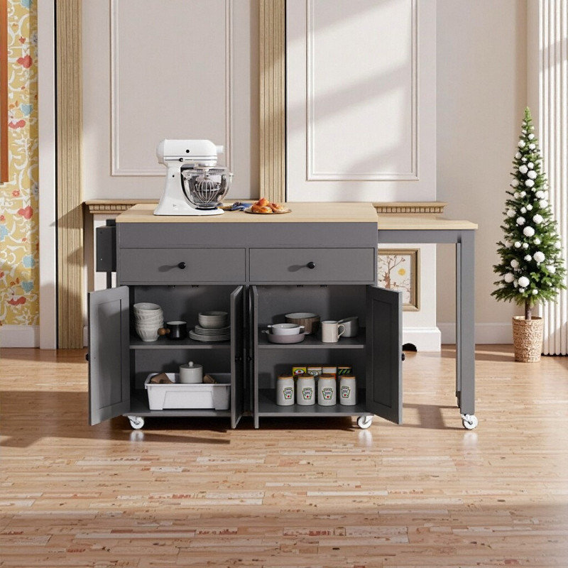Îlot de cuisine 74,5 pouces avec table de salle à manger et chariot à roulettes sur roulettes 4 portes et 2 tiroirs