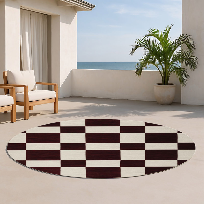 Tapis d'intérieur et d'extérieur à carreaux rouge, Rond 5 pi