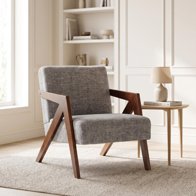 Fauteuil d'appoint moderne du milieu du siècle avec structure en bois d'hévéa, fauteuil rembourré pour salon ou chambre à coucher