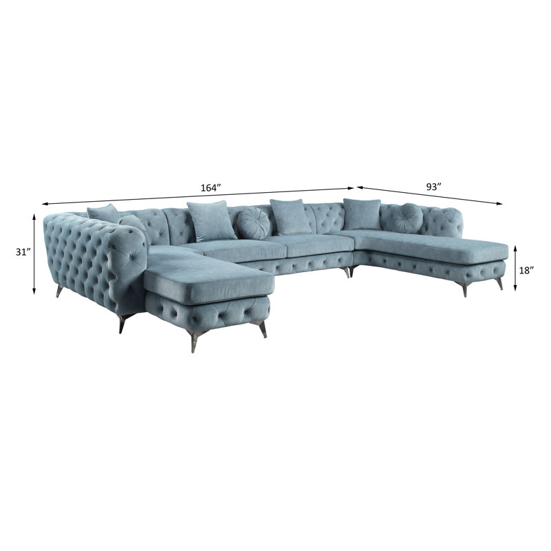 Dusty Blue Fabric Tufted U-Shaped Sectional with Metal Legs