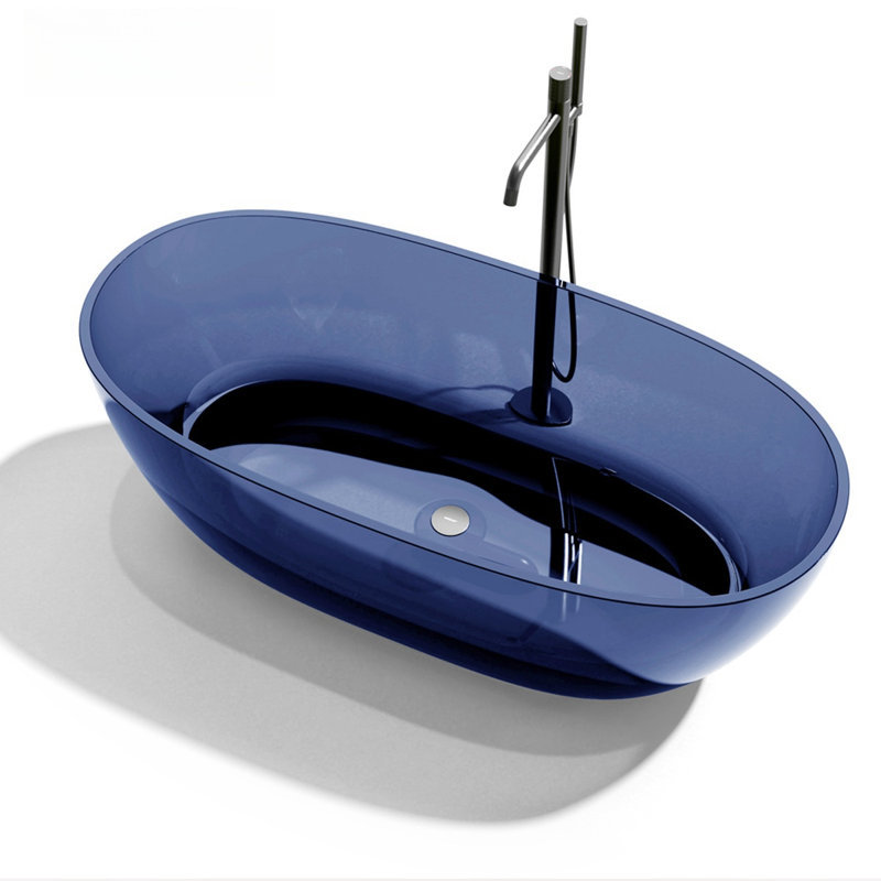 63'' W 22.4'' H Frameless Offset Curved Tub & Shower Kit, Navy