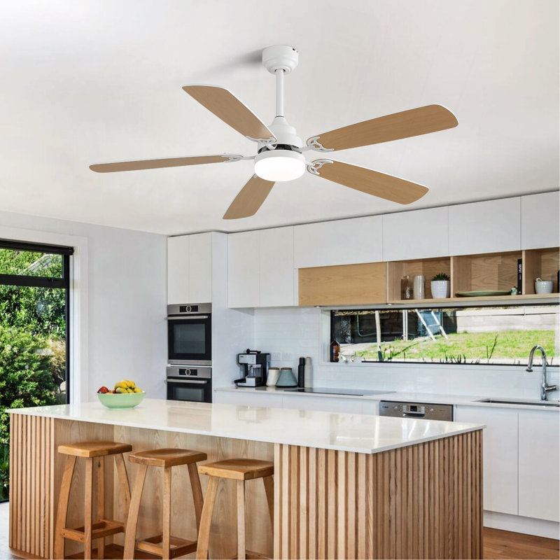 Indoor Modern 52 Inch Ceiling Fan 6 Speed Wind 5 Blades Remote Control Reversible DC Motor With Led Light, Natural, White