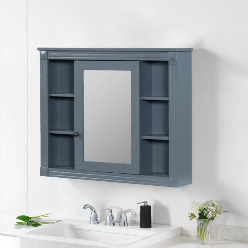 Armoire de rangement murale moderne avec miroir et 6 tablettes ouvertes, Bleu