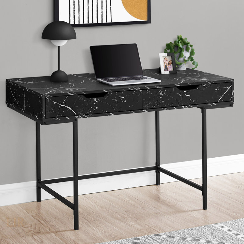 Contemporary Black Marble Look Computer Desk With Storage Drawers, Ideal For Home Office And Modern Workspaces., Black