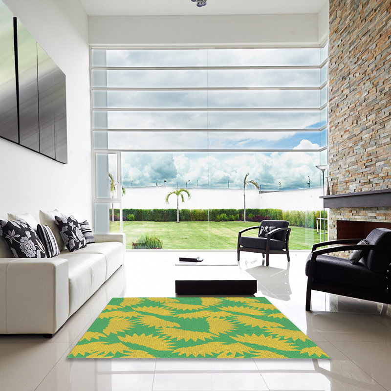 Tapis jaune/vert à motifs, Carré 4 pi