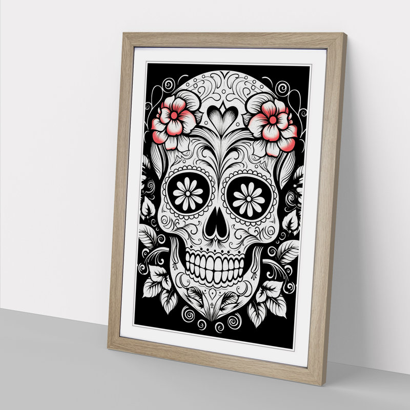 Sugar Skull Line No.2 - Single Picture Frame Print on Wood, 34cm H x 25cm W x 2cm D, Oak